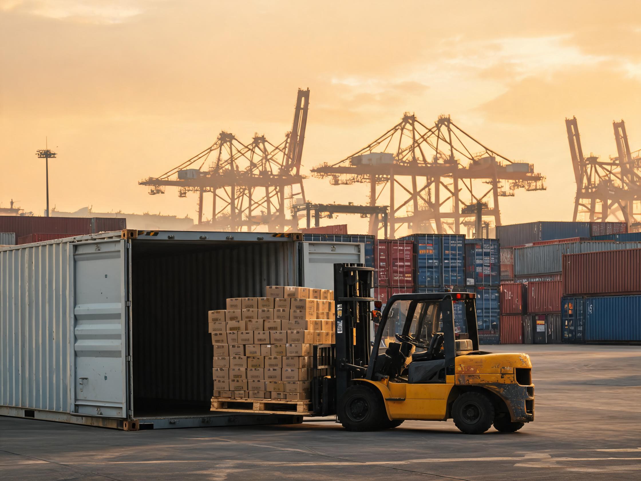 Forklift loading corrugated cartons of pine pet urns into a 40ft shipping container at Qingdao export port